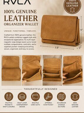 RVCA 100% Leather Wallet Brown Trifold Magnetic Snap Organizer Wallet 7.5"